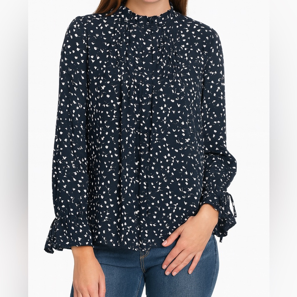 J Crew Black Floral Popover Pin-tuck Bell Sleeve Blouse Size XS